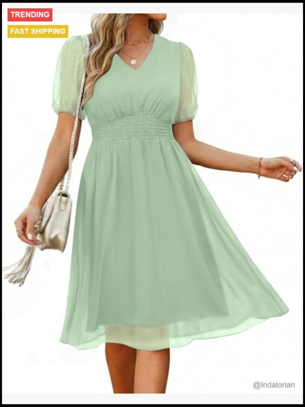 Chiffon Summer Casual Dress V Neck Short Sleeves Smocked Waist Swing - Picture 1 of 6